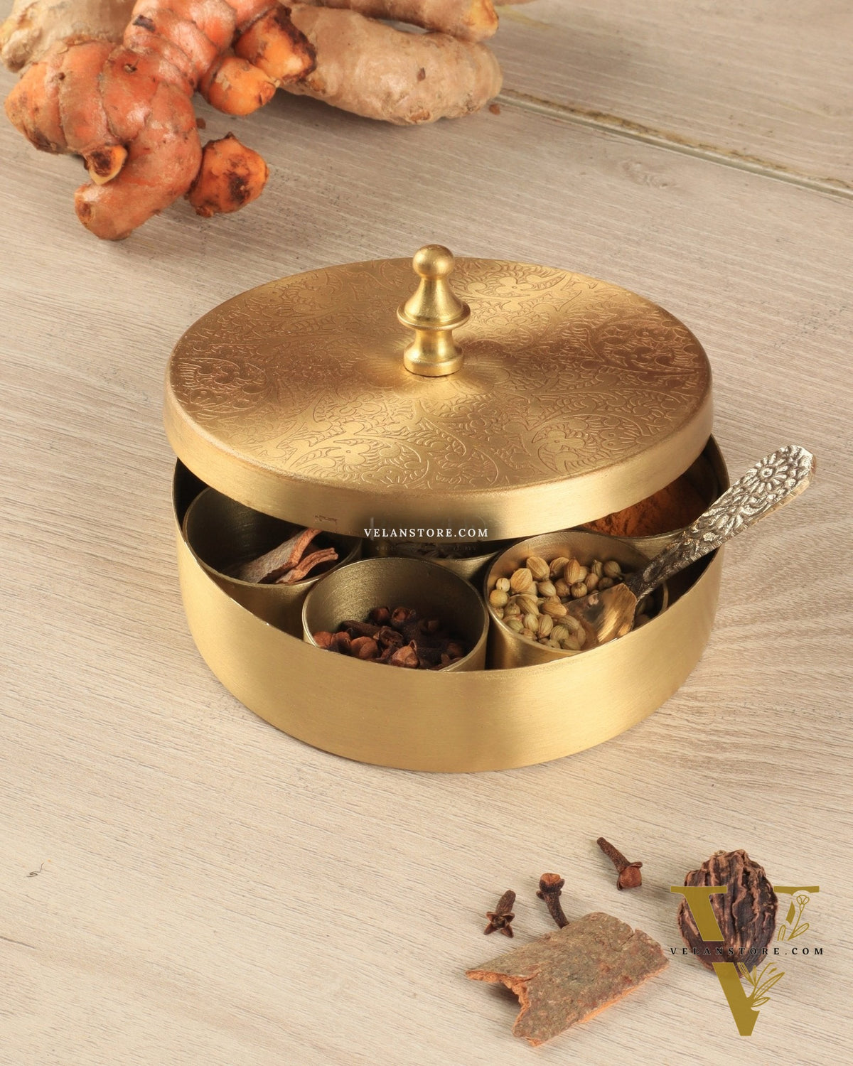 Brass Masala Box Daani – Round Spice Container, 2"x4"x4",