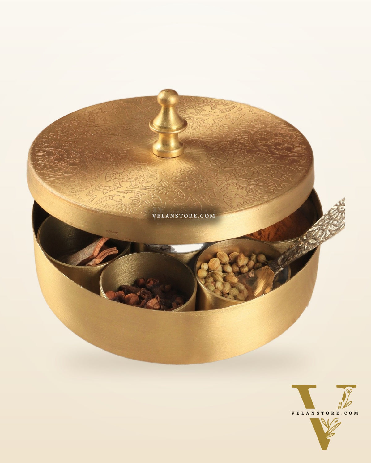 Brass Masala Box Daani – Round Spice Container, 2"x4"x4",
