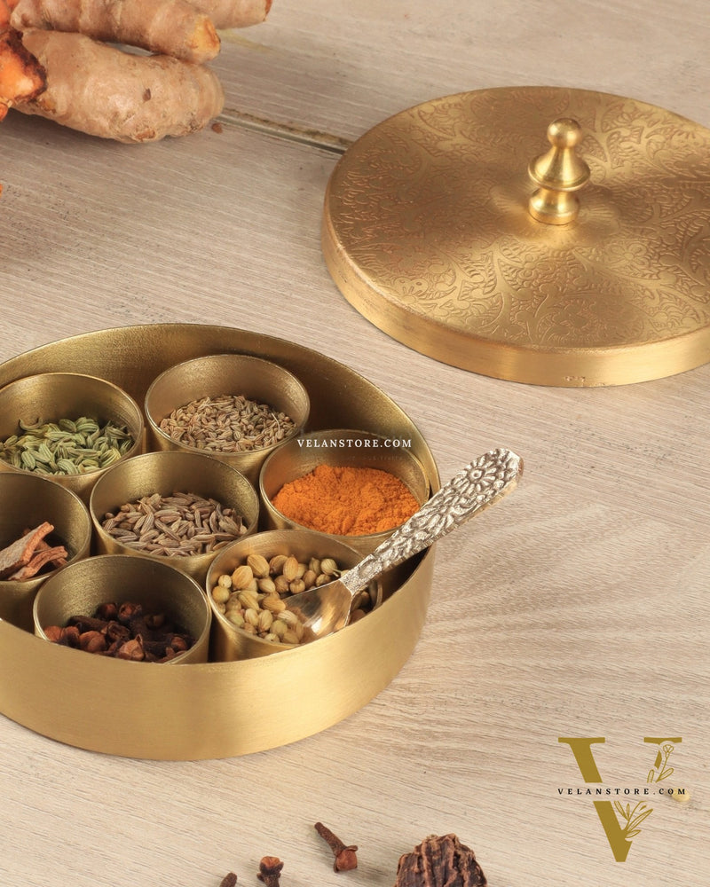 Brass Masala Box Daani – Round Spice Container, 2"x4"x4",
