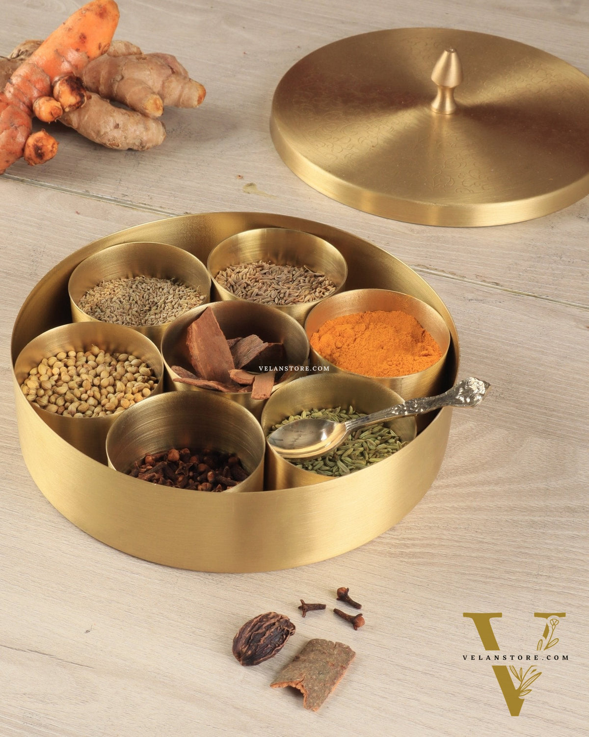 Brass Masala Box Daani – Round Spice Container, 3"x7"x7"