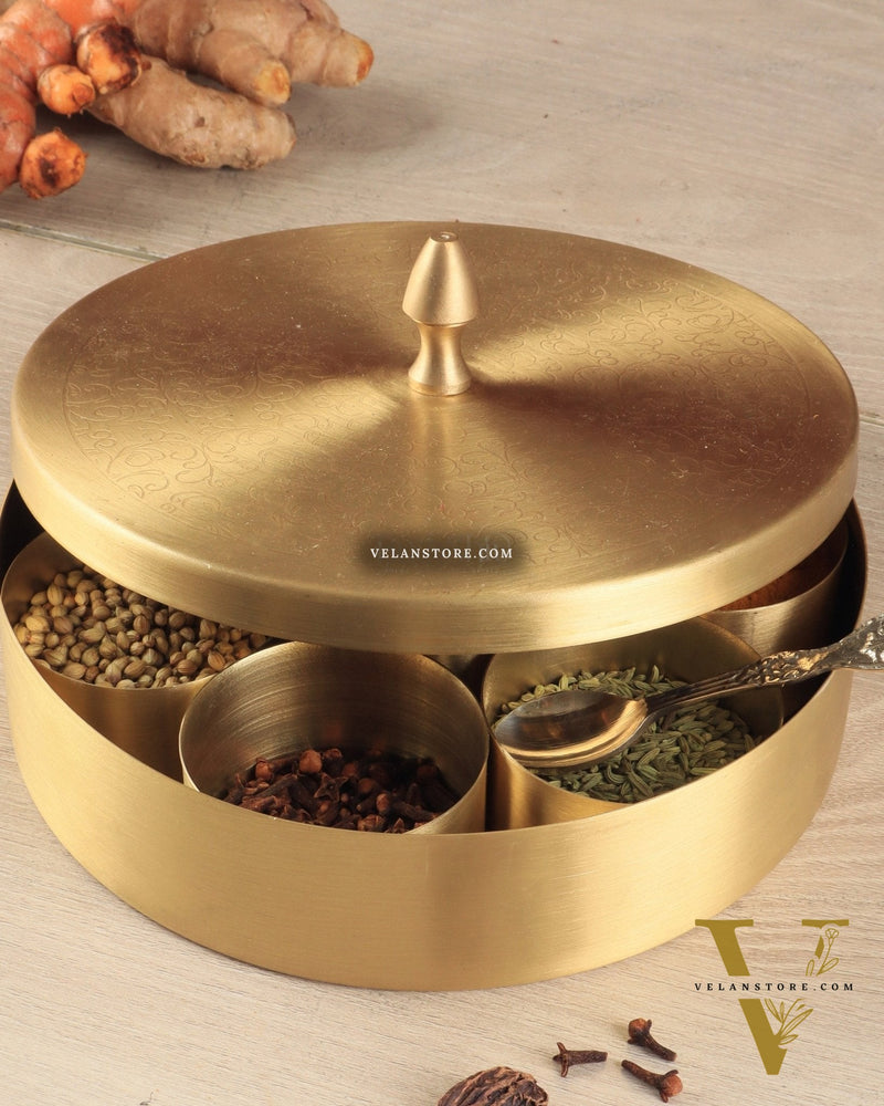 Brass Masala Box Daani – Round Spice Container, 3"x7"x7"
