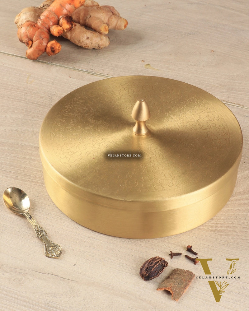 Brass Masala Box Daani – Round Spice Container, 3"x7"x7"