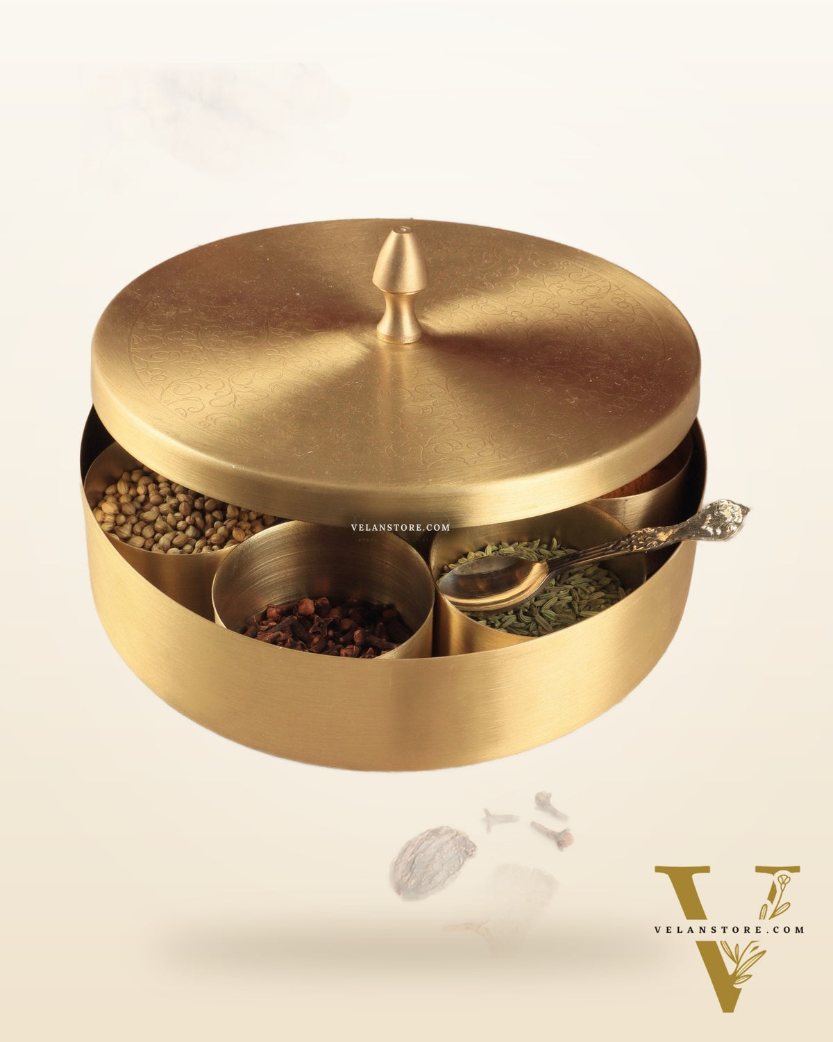Brass Masala Box Daani – Round Spice Container, 3"x7"x7"