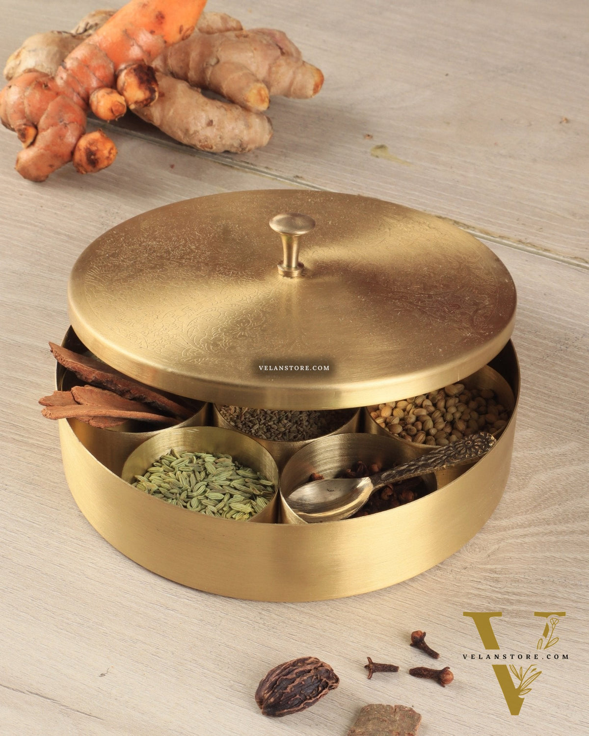 Brass Masala Box Daani – Round Spice Container, 3"x8.5"x8.5"