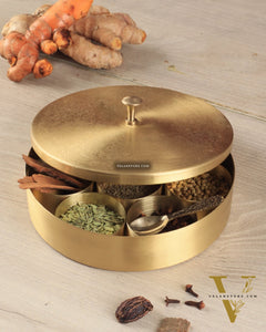 Brass Masala Box Daani – Round Spice Container, 3"x8.5"x8.5"