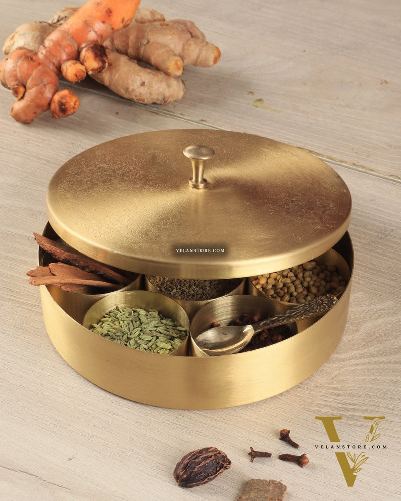 Brass Masala Box Daani – Round Spice Container, 3"x8.5"x8.5"
