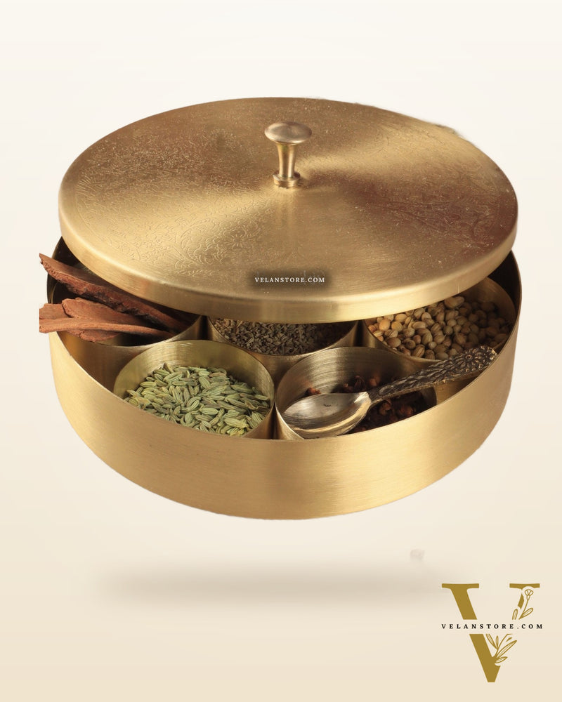Brass Masala Box Daani – Round Spice Container, 3"x8.5"x8.5"