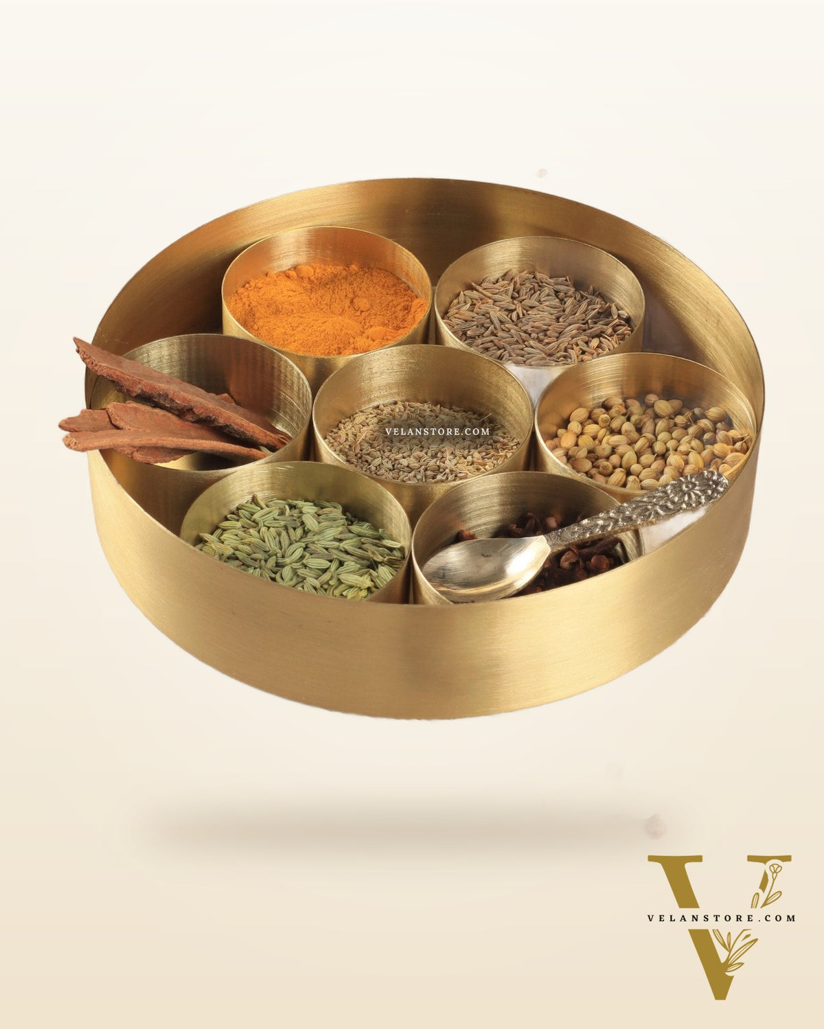 Brass Masala Box Daani – Round Spice Container, 3"x8.5"x8.5"