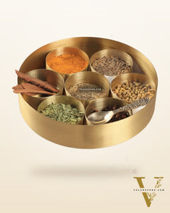 Brass Masala Box Daani – Round Spice Container, 3"x8.5"x8.5"