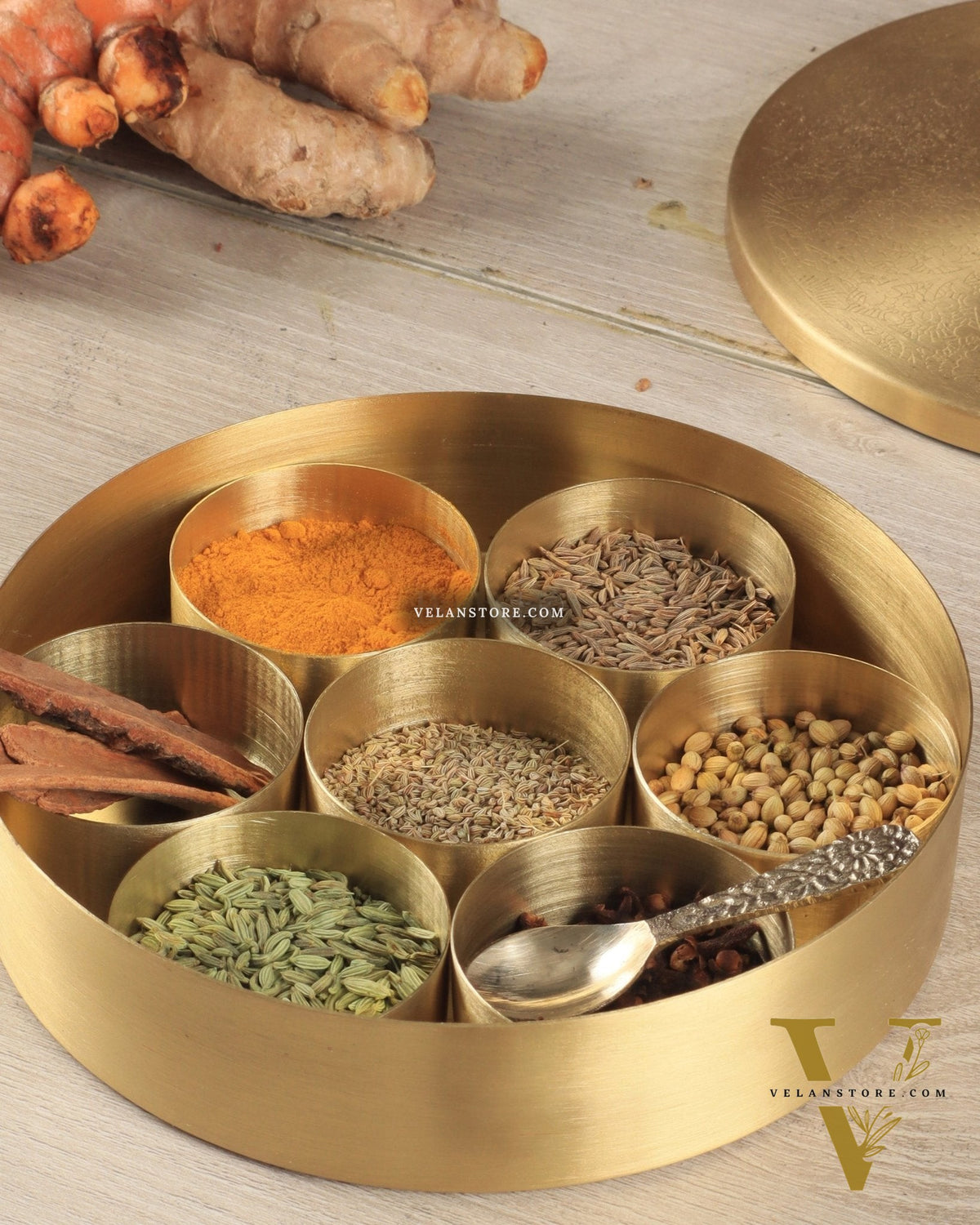 Brass Masala Box Daani – Round Spice Container, 3"x8.5"x8.5"