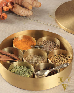 Brass Masala Box Daani – Round Spice Container, 3"x8.5"x8.5"