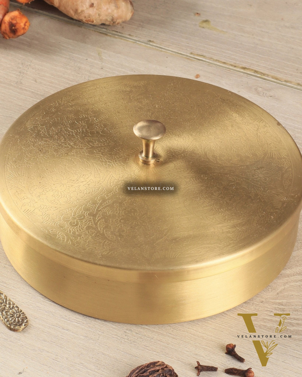 Brass Masala Box Daani – Round Spice Container, 3"x8.5"x8.5"