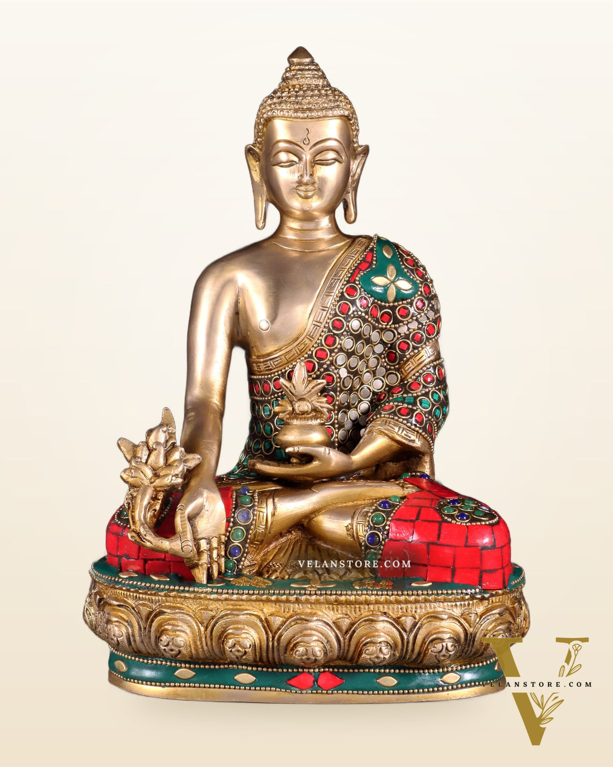 Brass medicine Buddha Idol - 9.5 Inch with stonework
