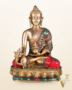 Brass medicine Buddha Idol - 9.5 Inch with stonework