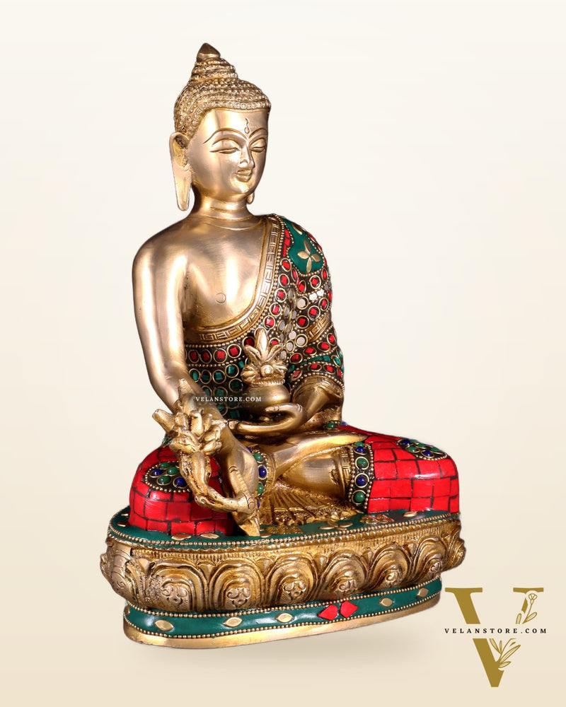 Brass medicine Buddha Idol - 9.5 Inch with stonework