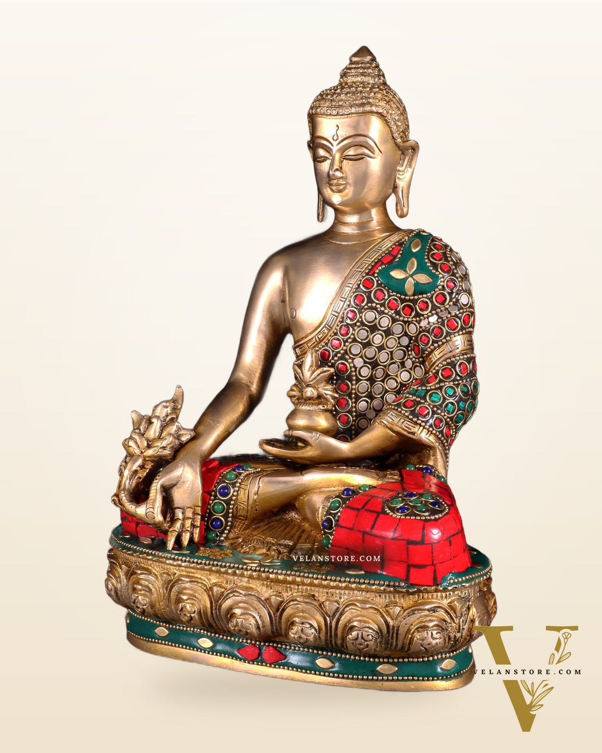 Brass medicine Buddha Idol - 9.5 Inch with stonework