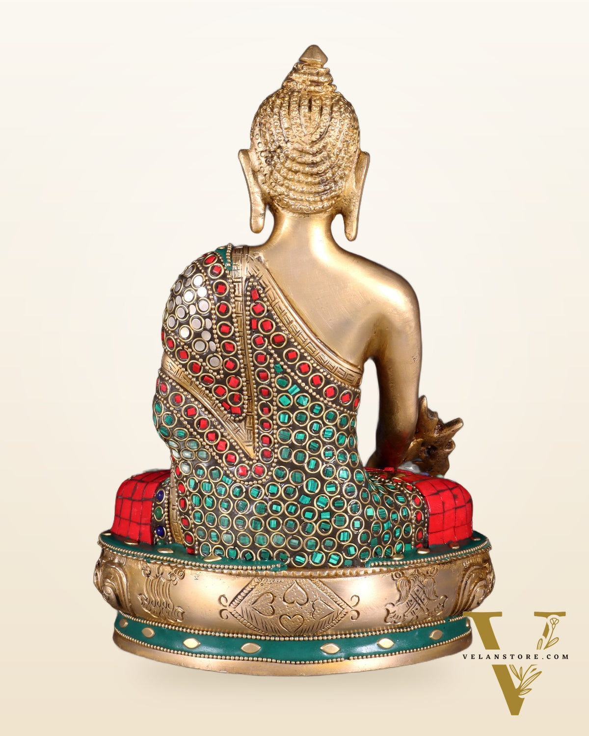 Brass medicine Buddha Idol - 9.5 Inch with stonework