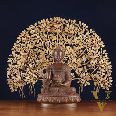 Brass Medicine Buddha Statue with Copper Finish & Superfine Kalpavriksha Tree – Spiritual Decor Set