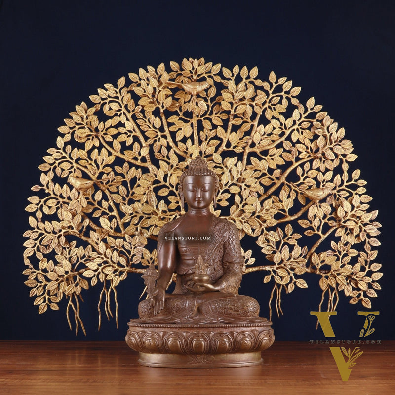 Brass Medicine Buddha Statue with Copper Finish & Superfine Kalpavriksha Tree – Spiritual Decor Set