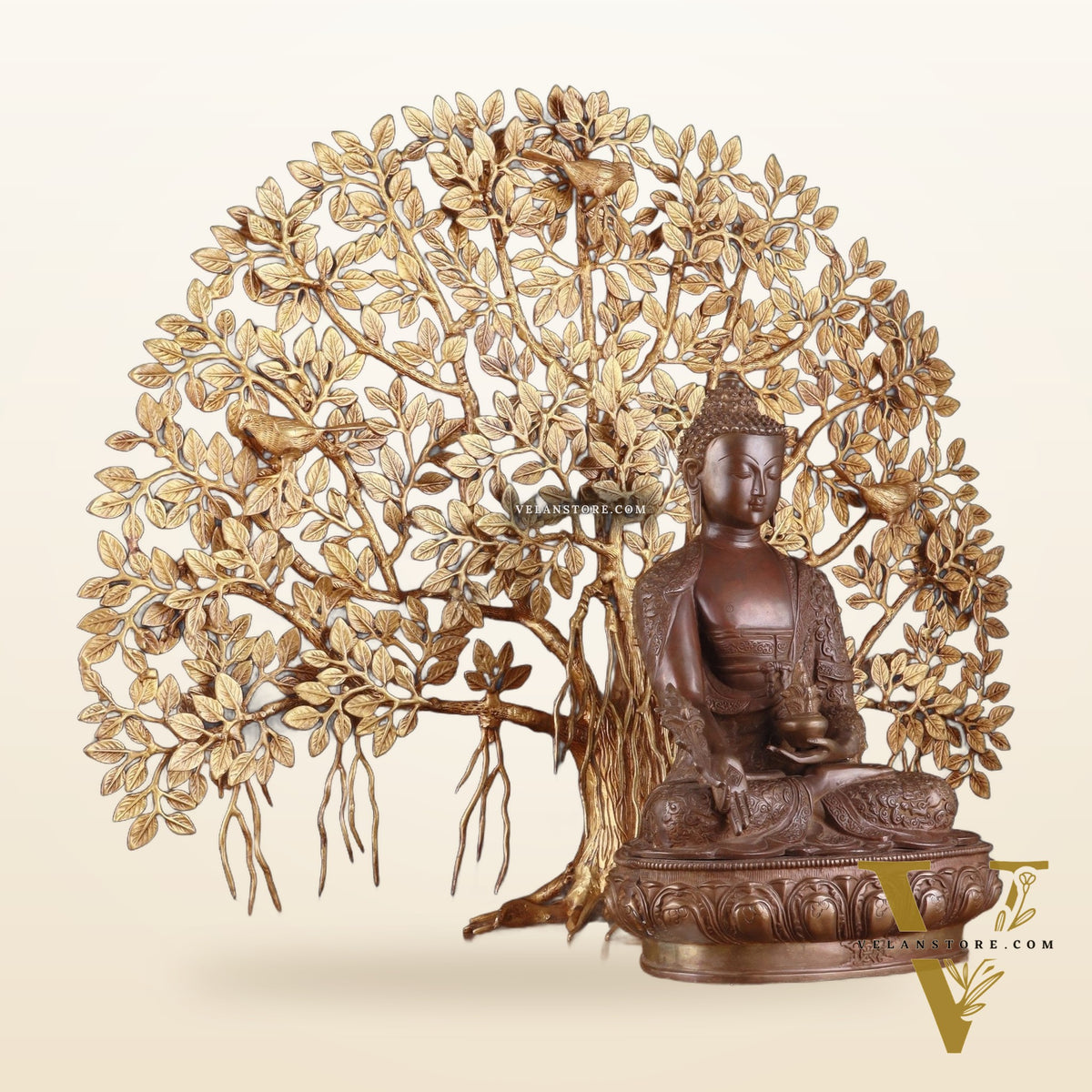 Brass Medicine Buddha Statue with Copper Finish & Superfine Kalpavriksha Tree – Spiritual Decor Set