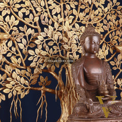Brass Medicine Buddha Statue with Copper Finish & Superfine Kalpavriksha Tree – Spiritual Decor Set