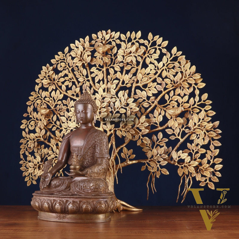 Brass Medicine Buddha Statue with Copper Finish & Superfine Kalpavriksha Tree – Spiritual Decor Set