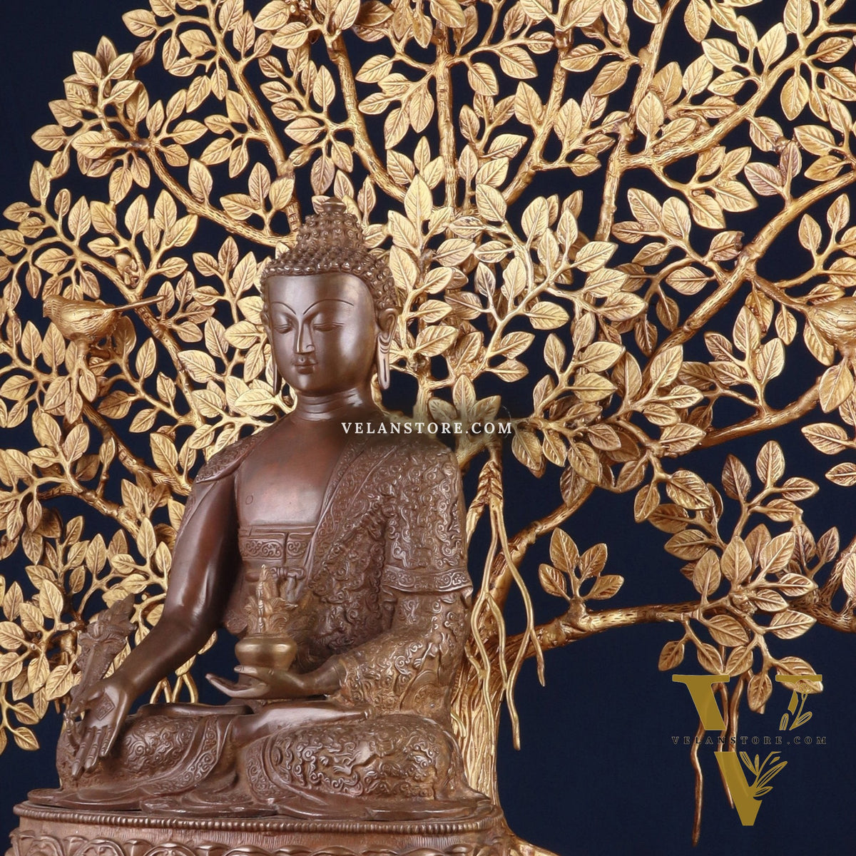 Brass Medicine Buddha Statue with Copper Finish & Superfine Kalpavriksha Tree – Spiritual Decor Set