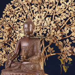 Brass Medicine Buddha Statue with Copper Finish & Superfine Kalpavriksha Tree – Spiritual Decor Set