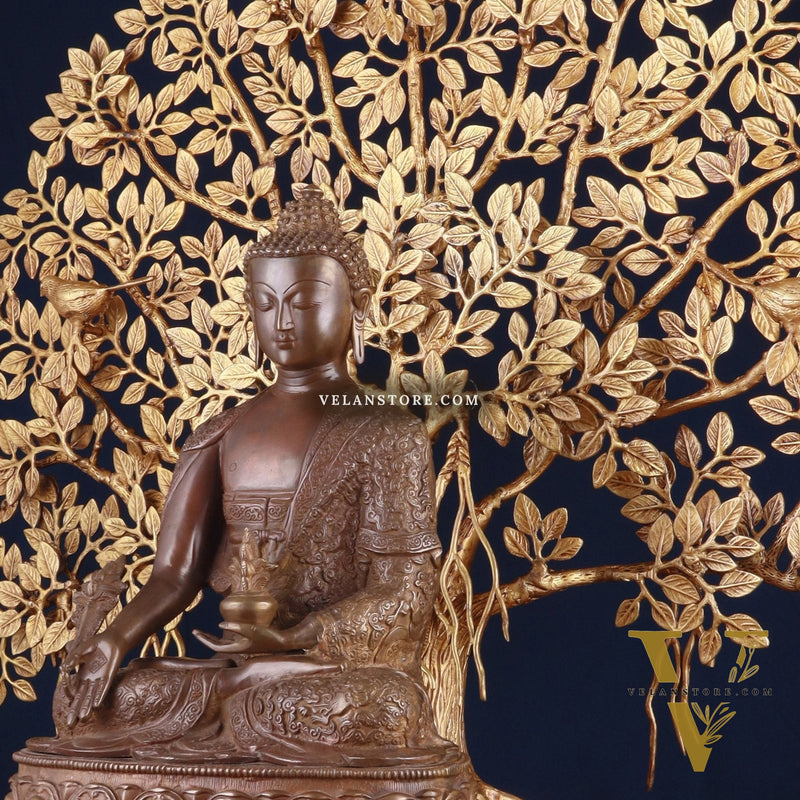 Brass Medicine Buddha Statue with Copper Finish & Superfine Kalpavriksha Tree – Spiritual Decor Set