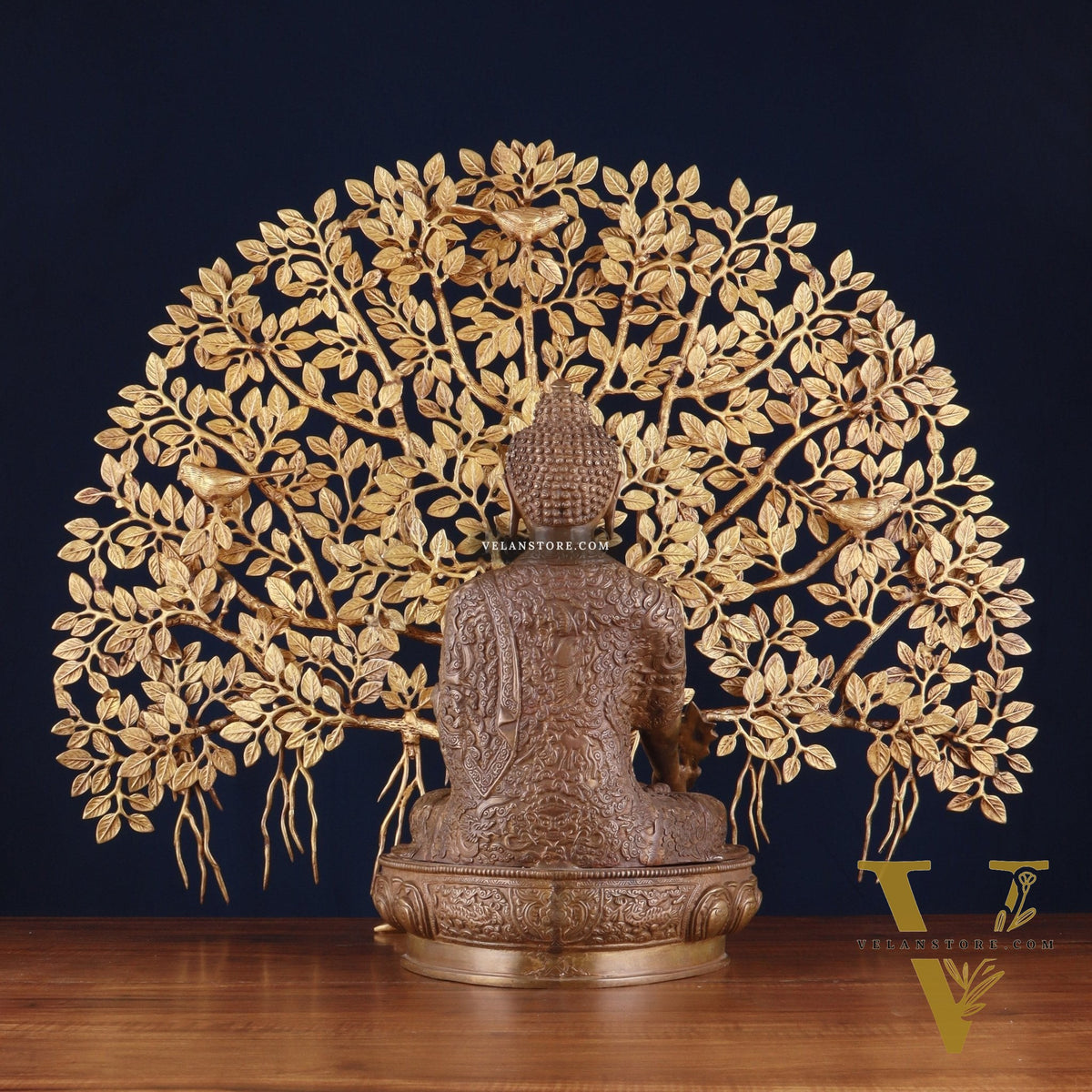 Brass Medicine Buddha Statue with Copper Finish & Superfine Kalpavriksha Tree – Spiritual Decor Set
