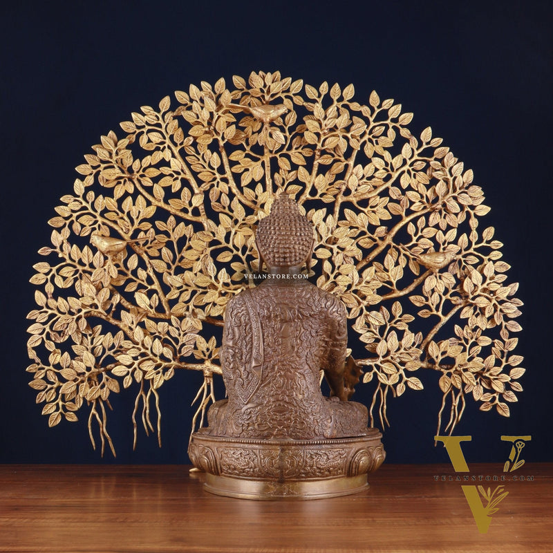 Brass Medicine Buddha Statue with Copper Finish & Superfine Kalpavriksha Tree – Spiritual Decor Set