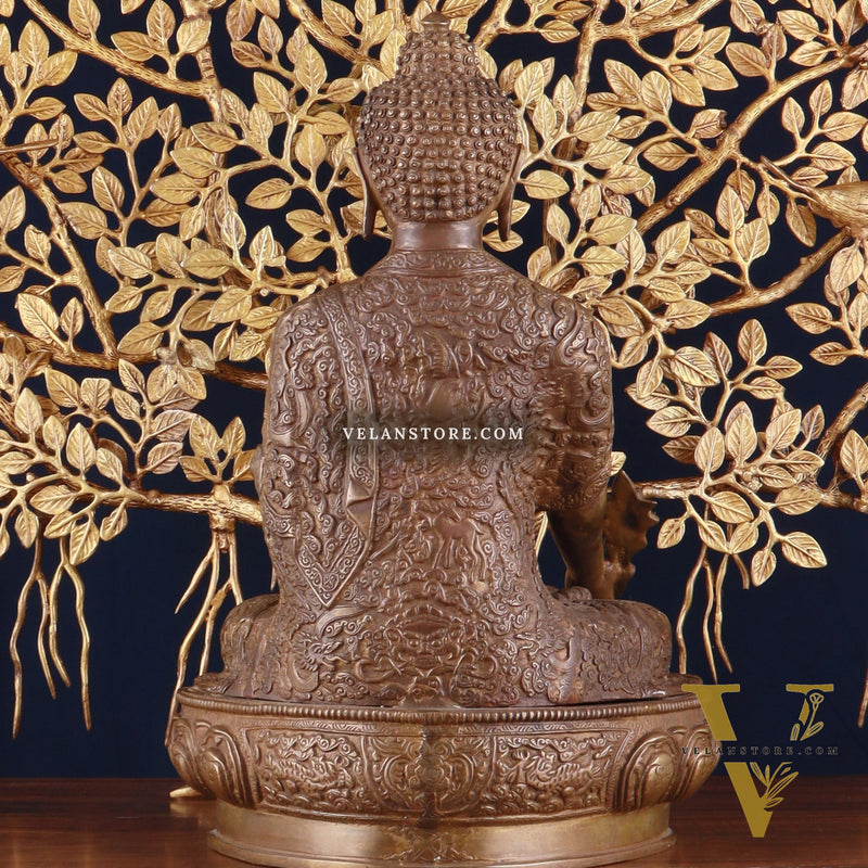 Brass Medicine Buddha Statue with Copper Finish & Superfine Kalpavriksha Tree – Spiritual Decor Set