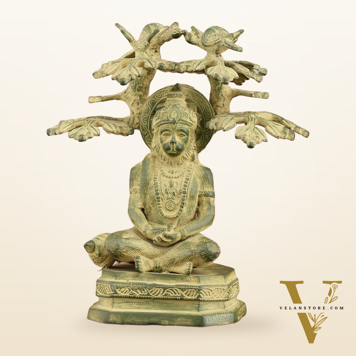 Brass Meditative Hanuman Statue Under Tree | Antique Green Patina | 10 Inch