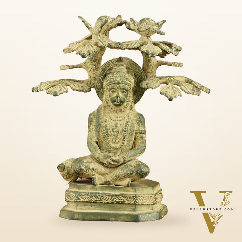Brass Meditative Hanuman Statue Under Tree | Antique Green Patina | 10 Inch