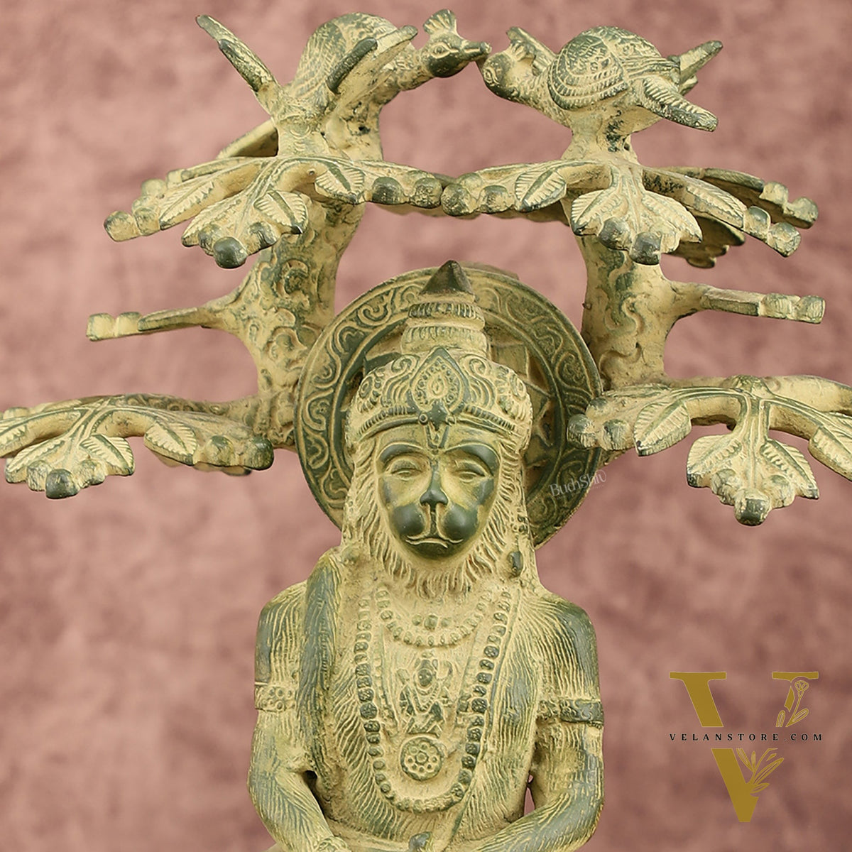 Brass Meditative Hanuman Statue Under Tree | Antique Green Patina | 10 Inch