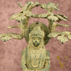 Brass Meditative Hanuman Statue Under Tree | Antique Green Patina | 10 Inch