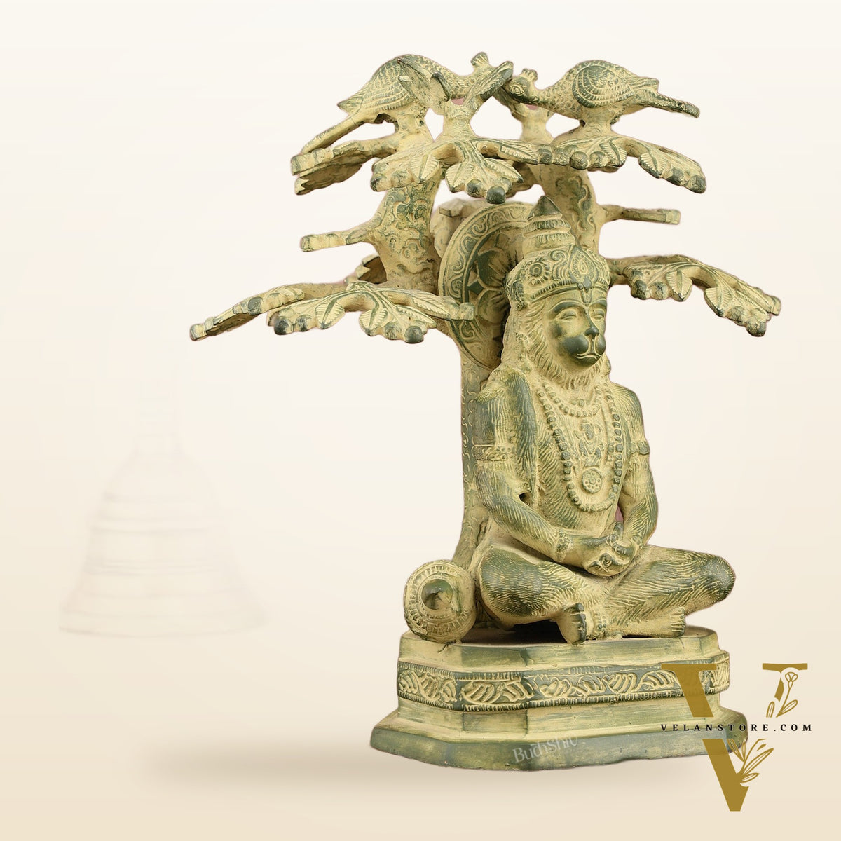 Brass Meditative Hanuman Statue Under Tree | Antique Green Patina | 10 Inch