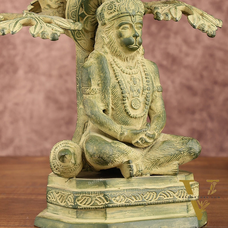 Brass Meditative Hanuman Statue Under Tree | Antique Green Patina | 10 Inch