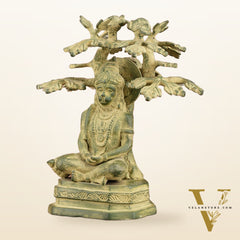 Brass Meditative Hanuman Statue Under Tree | Antique Green Patina | 10 Inch