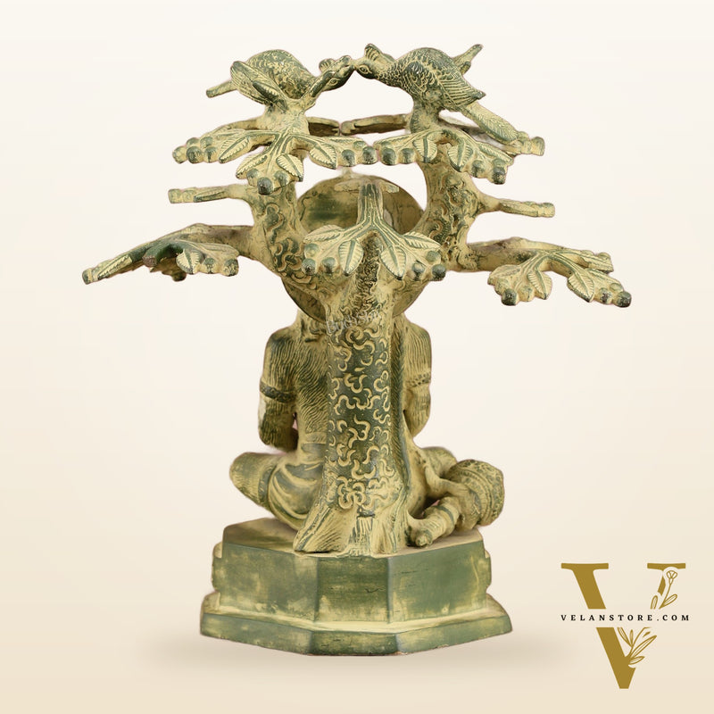 Brass Meditative Hanuman Statue Under Tree | Antique Green Patina | 10 Inch