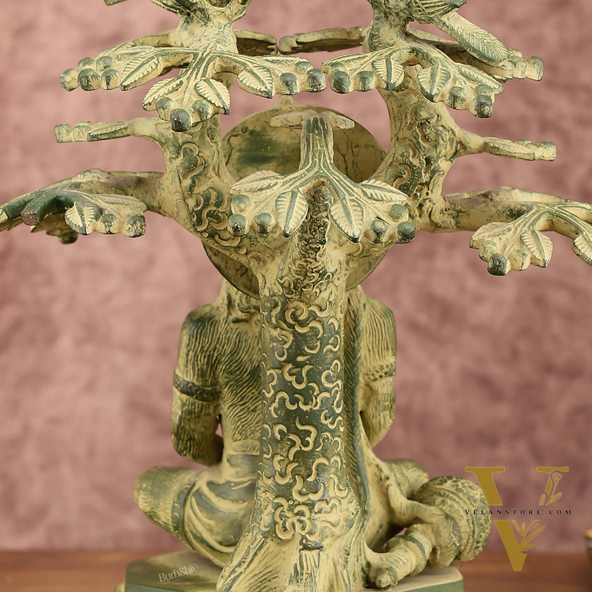 Brass Meditative Hanuman Statue Under Tree | Antique Green Patina | 10 Inch