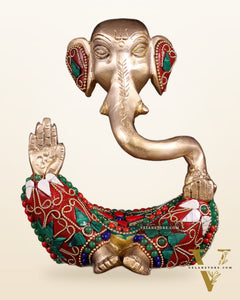 Brass Modern Ganesha Idol | 6" Height | floral Stonework