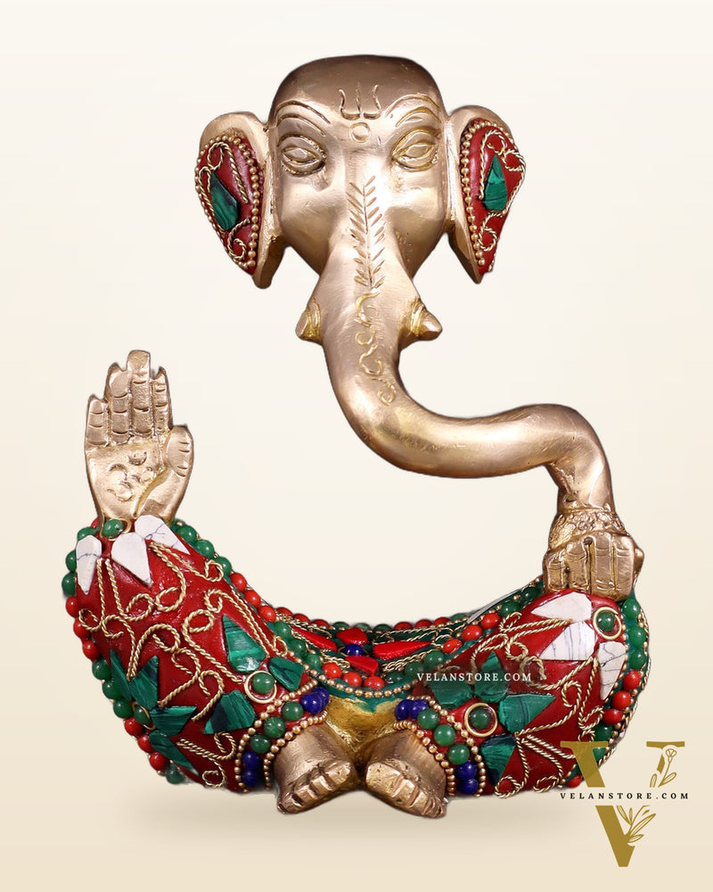 Brass Modern Ganesha Idol | 6" Height | floral Stonework