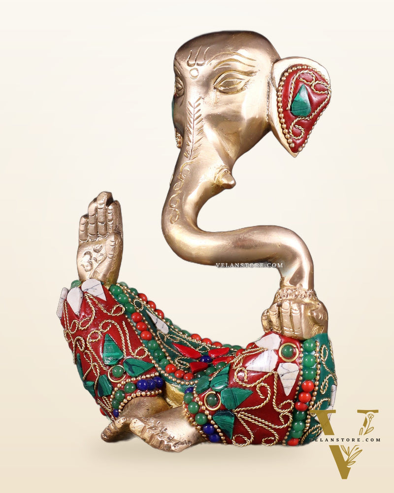 Brass Modern Ganesha Idol | 6" Height | floral Stonework