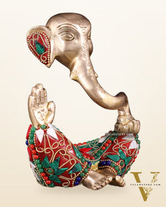 Brass Modern Ganesha Idol | 6" Height | floral Stonework