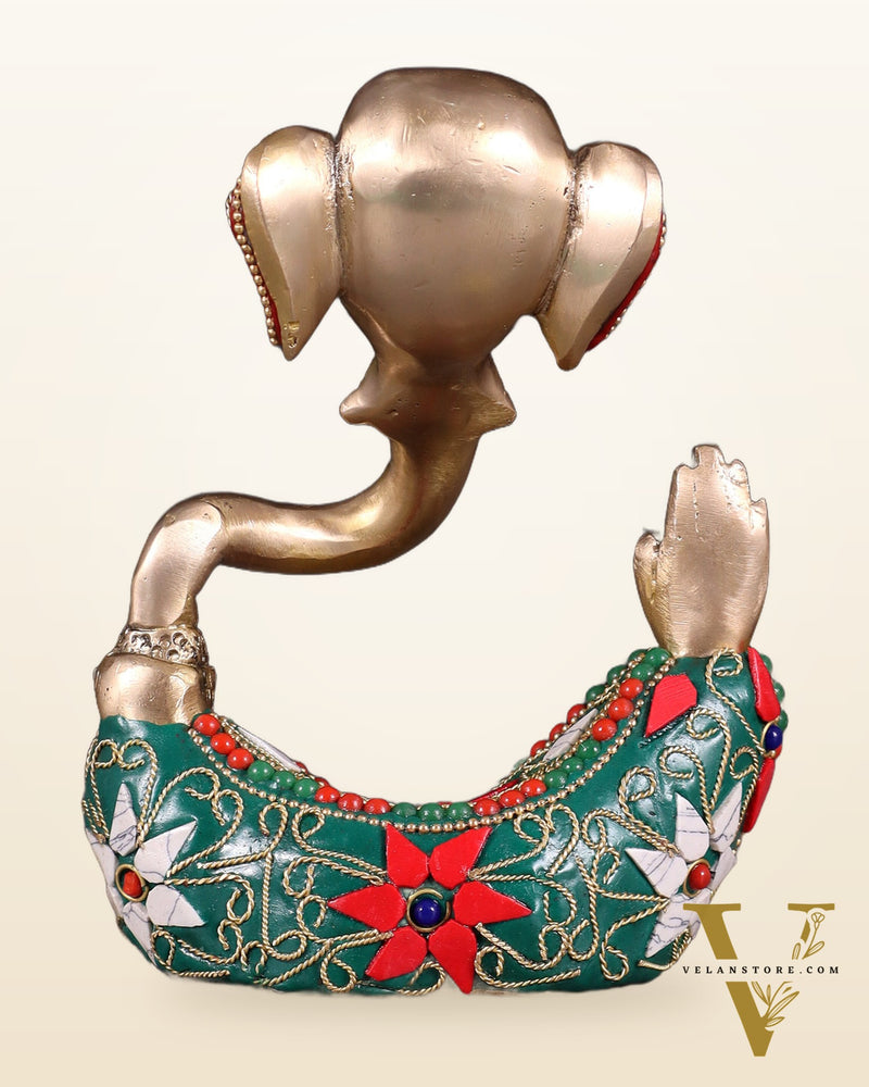 Brass Modern Ganesha Idol | 6" Height | floral Stonework