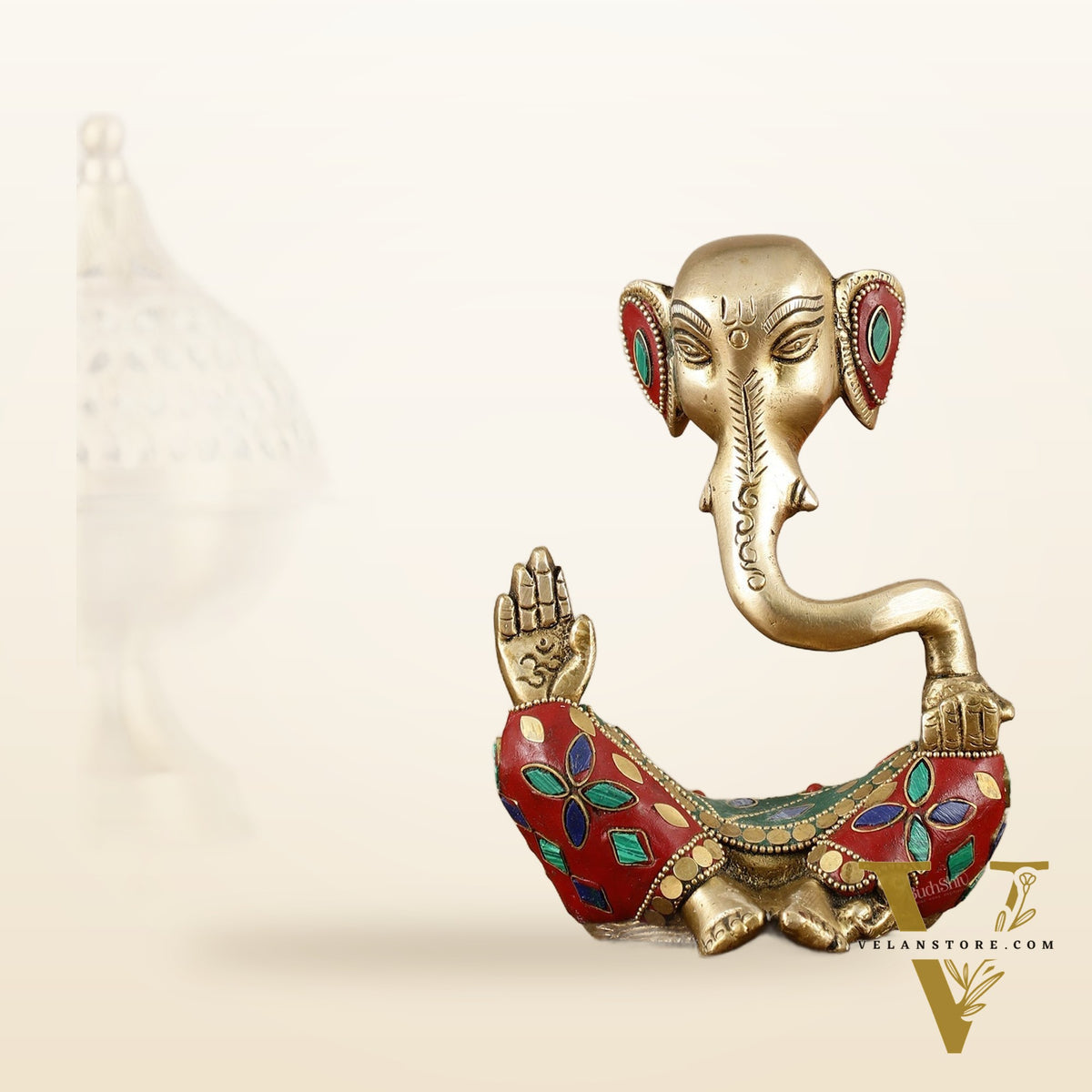 Brass Modern Ganesha Idol | 6" Height | Meenakari Stonework