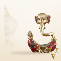 Brass Modern Ganesha Idol | 6" Height | Meenakari Stonework