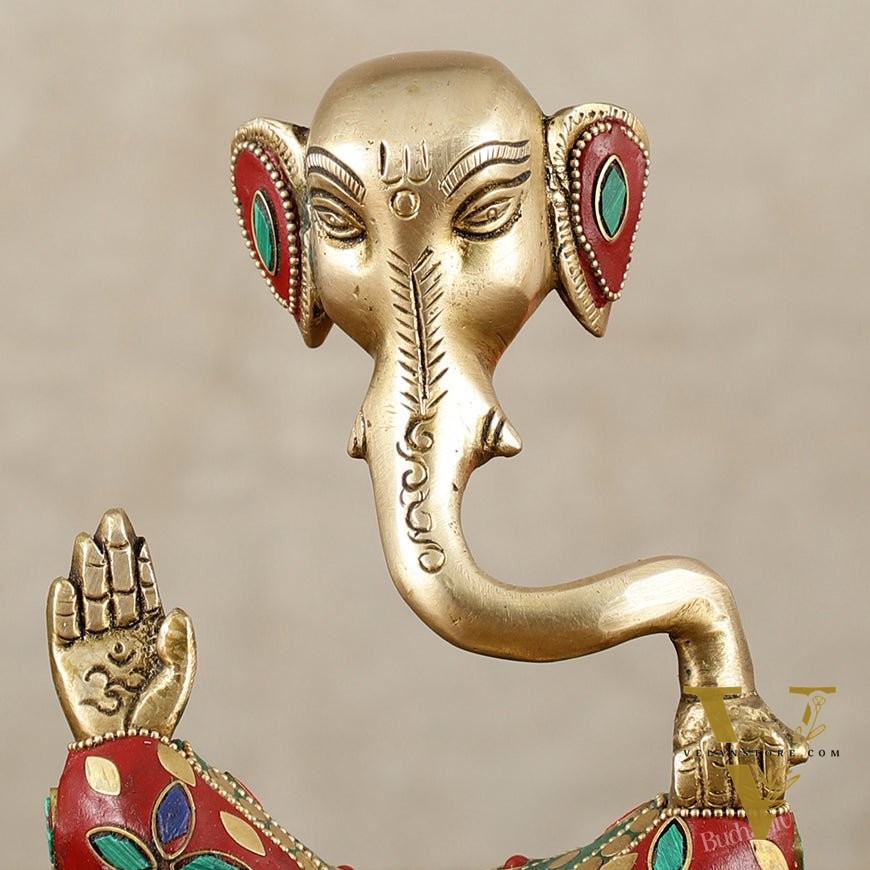 Brass Modern Ganesha Idol | 6" Height | Meenakari Stonework