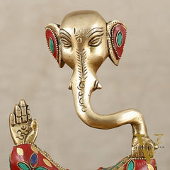 Brass Modern Ganesha Idol | 6" Height | Meenakari Stonework